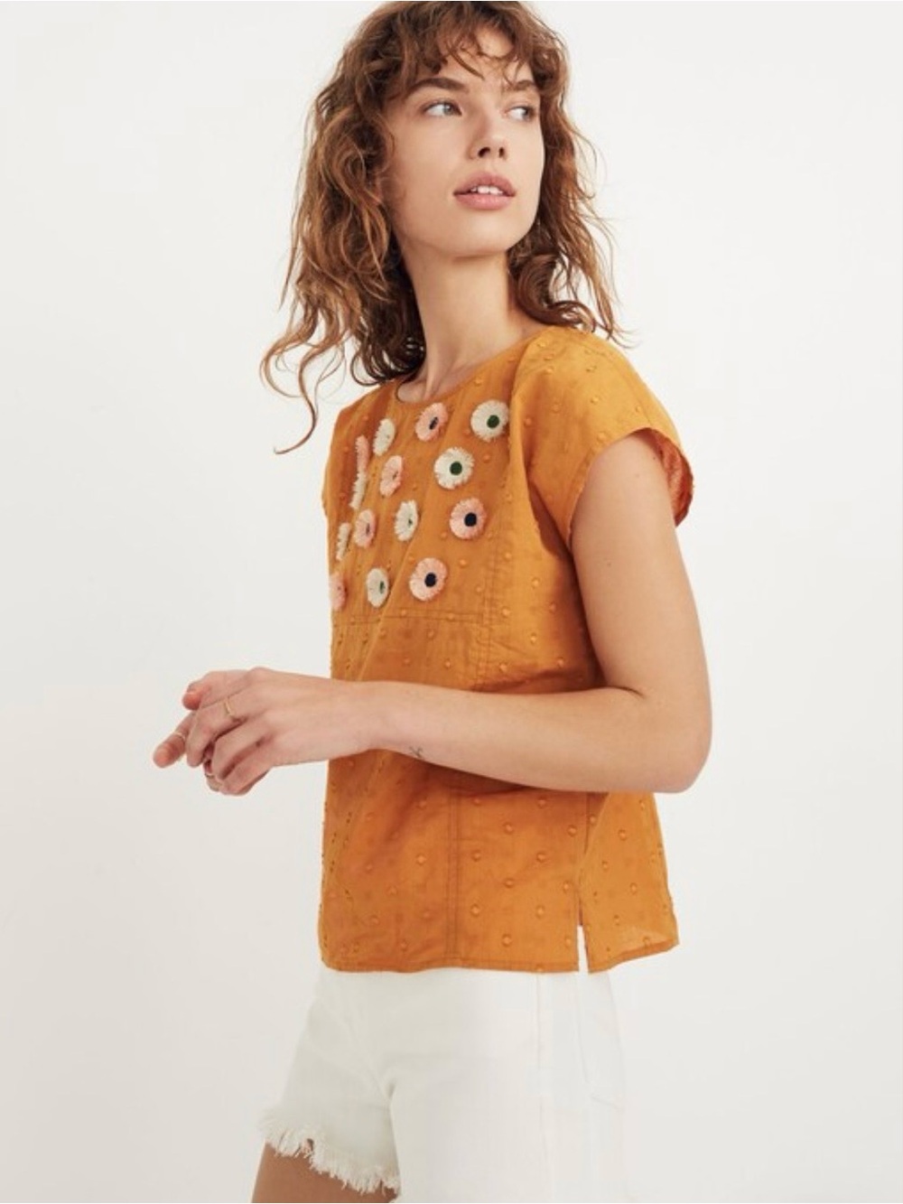 Madewell Mustard Embroidered Dot Short-Sleeve Blouse